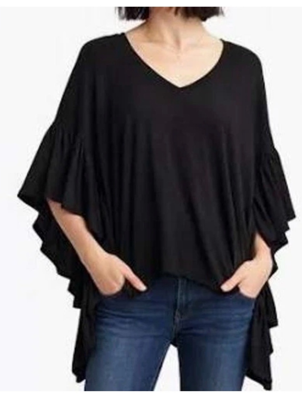 Anthropologie Akemi + Kin Capa Dolman Ruffled Sleeve Tunic, Black, Oversized